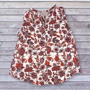 LOFT Sleeveless Floral Tie-Neck top with Orange and Brown Print